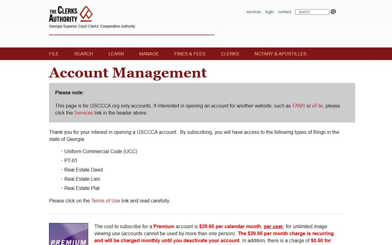 GSCCCA account management portal for Georgia deed records