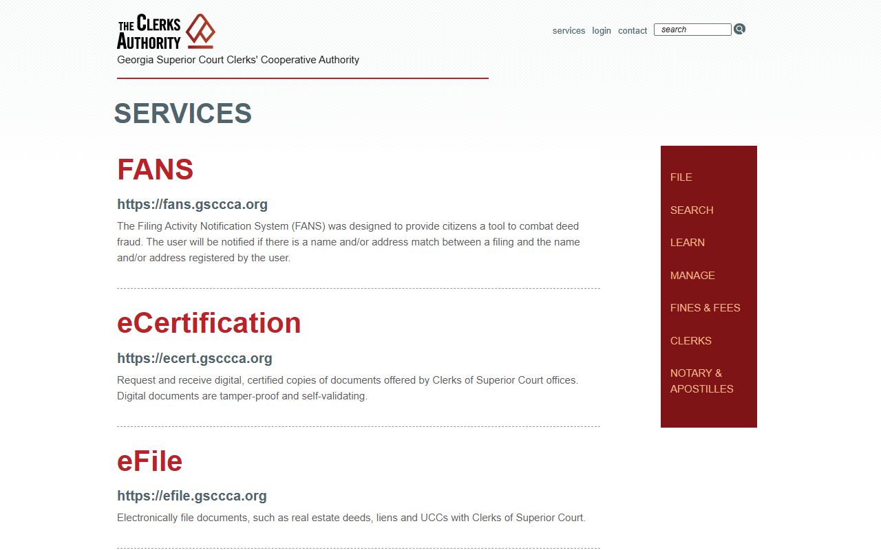 GSCCCA services page showing Georgia deed records tools