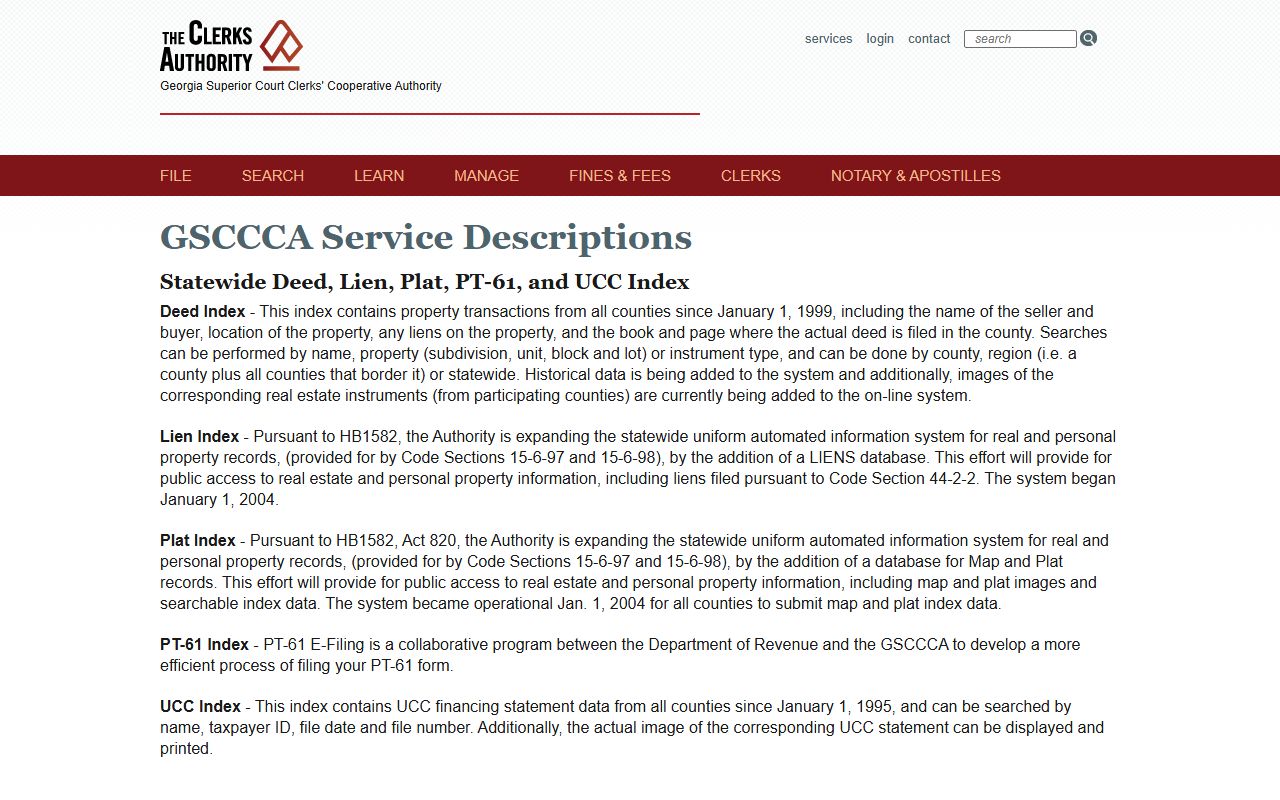 GSCCCA service descriptions for Georgia deed records accounts